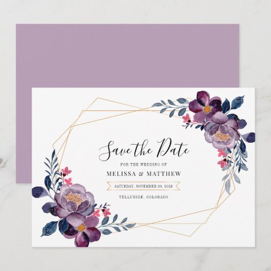 Save The Date Mariage botanique géométrique floral violet (Devant / Derrière)