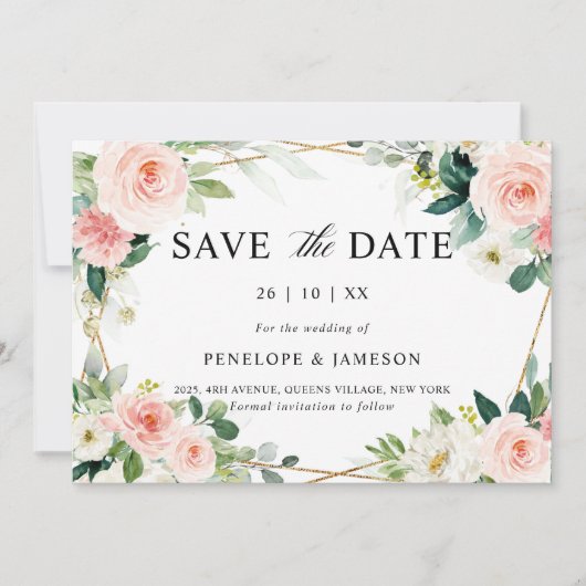 Save The Date Mariage botanique géométrique rose pâle (Devant)