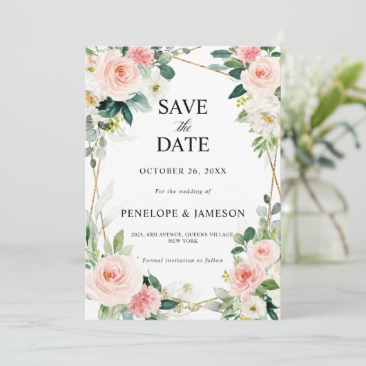 Save The Date Mariage botanique géométrique rose pâle (Debout devant)