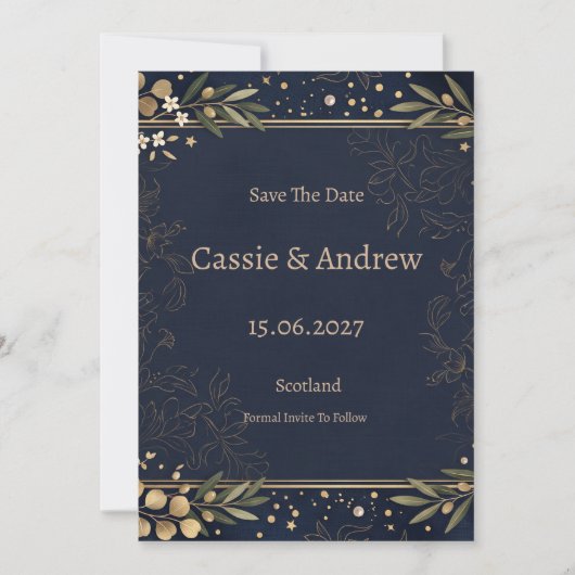 Save The Date Mariage Botanique Or et Bleu Marine (Devant)