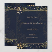 Save The Date Mariage Botanique Or et Bleu Marine (Devant / Derrière)