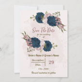 Save The Date mariage botanique rose et bleu marine (Devant)