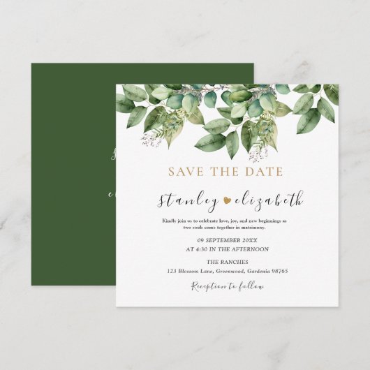 Save The Date Mariage Botanique Rustique Vert et Feuillage Doré (Devant / Derrière)
