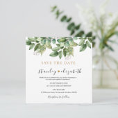 Save The Date Mariage Botanique Rustique Vert et Feuillage Doré (Debout devant)