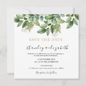 Save The Date Mariage Botanique Rustique Vert et Feuillage Doré (Devant)