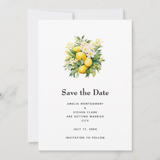 Save The Date Mariage Bouquet de Citron avec Fleurs Blanches (Devant)