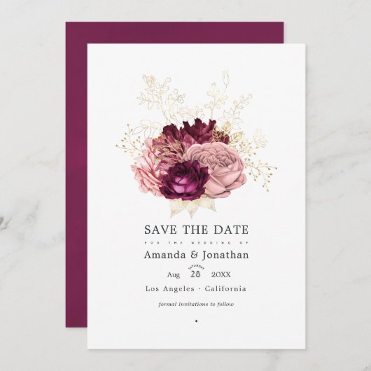 Save The Date Mariage Bourguignon - Marsala Blush Rose et Or (Devant / Derrière)