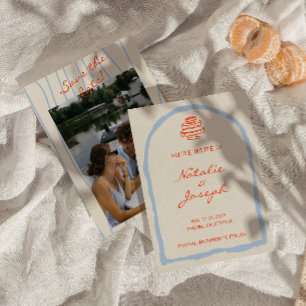 Save The Date Mariage Branché Dessiné à la Main Rétro Bleu Orang