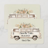Save The Date Mariage Bus Vintage Vert Clair  (Devant / Derrière)