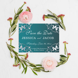 Save The Date Mariage Cadre Luxe Filigrane Argent et Sarcelle Dé
