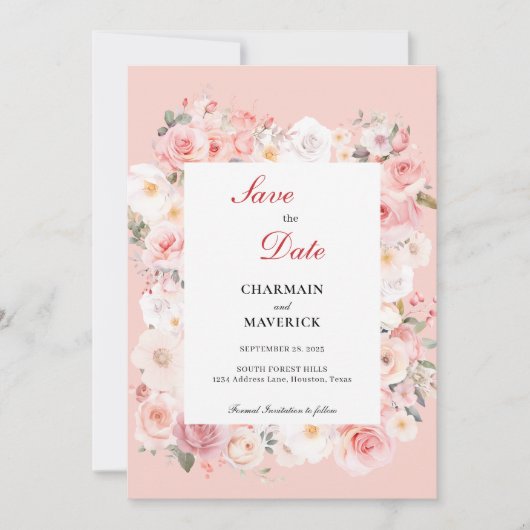 Save The Date Mariage Cadre Rose Pâle Printemps (Devant)