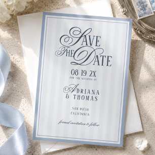 Save The Date Mariage Calligraphié à Rayures Bleu Clair à l'Anci