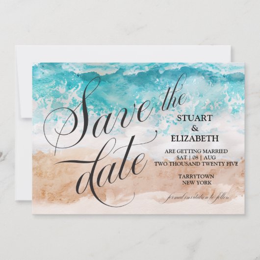 Save The Date Mariage calligraphié aquarelle de plage abstraite (Devant)