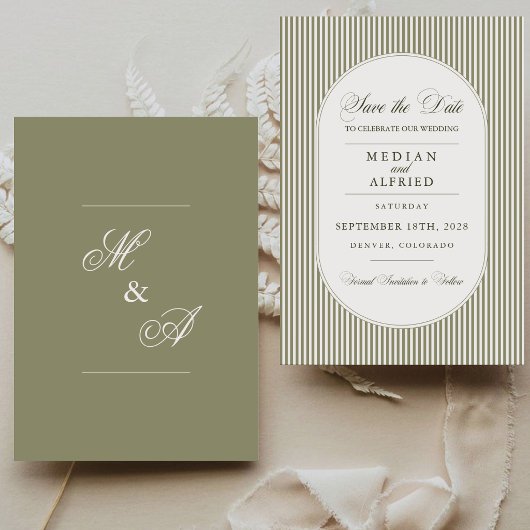 Save The Date Mariage Calligraphié avec Rayure Vert Olive
