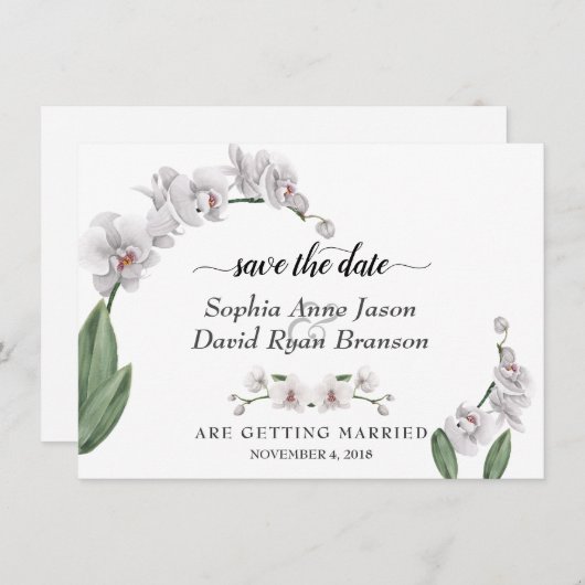 Save The Date Mariage Calligraphie Charm Blanc Orchidée (Devant / Derrière)