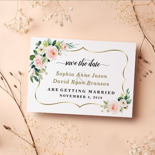 Save The Date Mariage calligraphié fleurs ivoire au blush charma