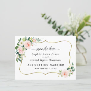 Save The Date Mariage calligraphié fleurs ivoire blush romantiqu