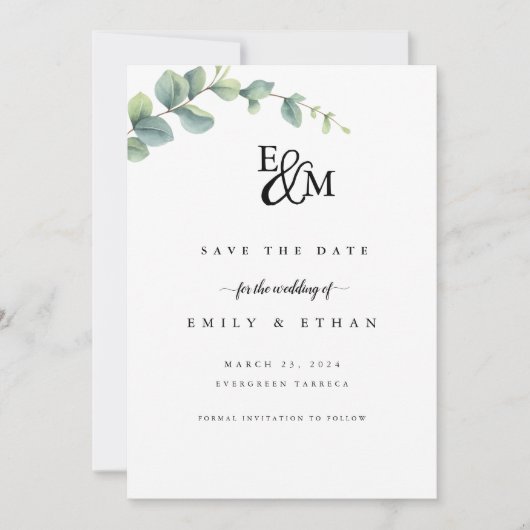 Save The Date Mariage Campagnard à la Verdure d'Eucalyptus (Devant)