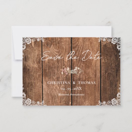 Save The Date Mariage campagnard de dentelle en bois rustique En (Devant)