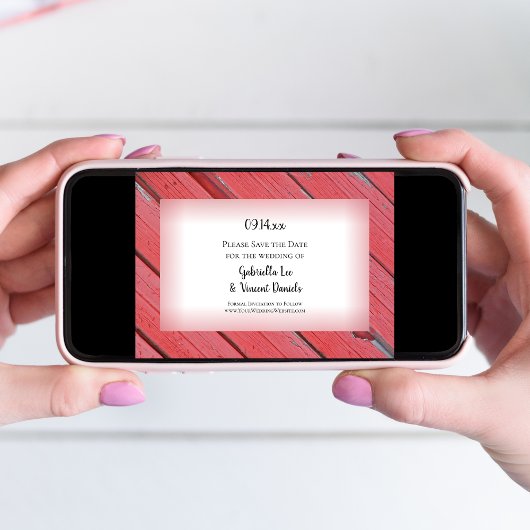 Save The Date Mariage campagnard en bois de la grange rouge Enre