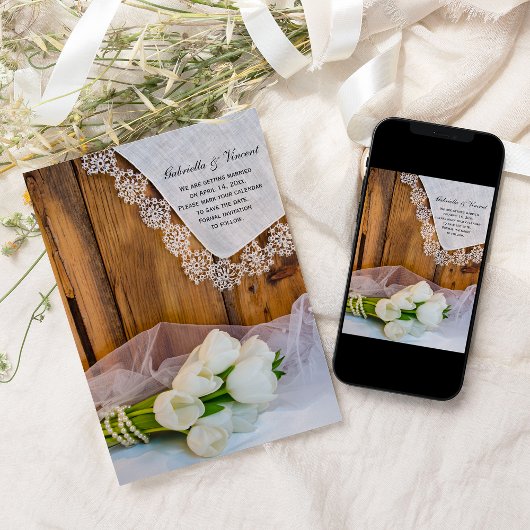 Save The Date Mariage campagnard Rustic White Tulips Enregistrer