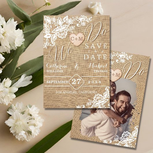 Save The Date Mariage campagnard Rustique Burlap Et Dentelle