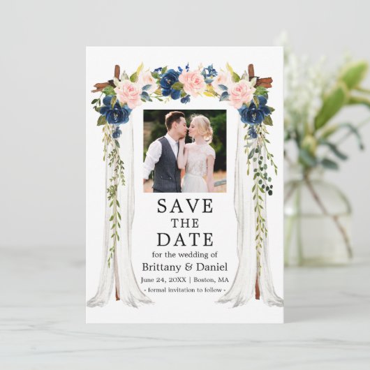 Save The Date Mariage Canopy Aquarelle rose bleu bleu floral pho (Debout devant)