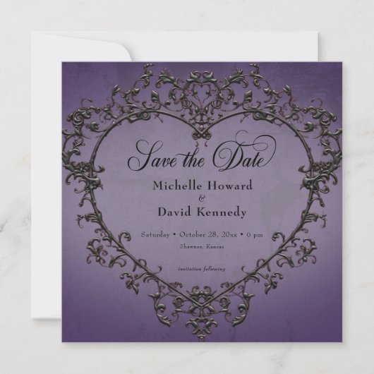 Save The Date Mariage cardiaque gothique noir et violet (Devant)