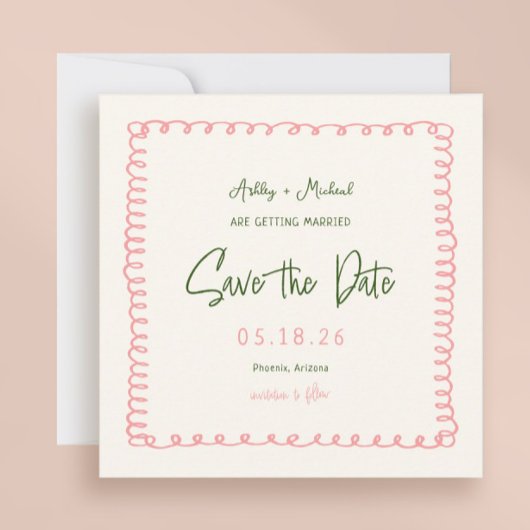 Save The Date Mariage Carré couleur rose et vert