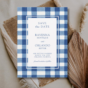 Save The Date Mariage carreaux Gingham Bleu bébé Bleu marine Cla