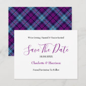 Save The Date Mariage carreaux Tartan Écossais Bleu Violet (Devant / Derrière)