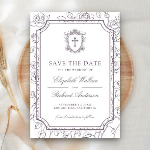 Save The Date Mariage Catholique Blanc Victorien et Pourpre Pous