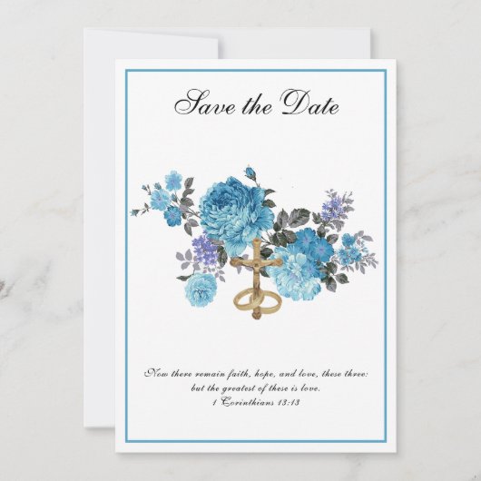 Save The Date Mariage catholique Bleu Floral Religieux (Devant)