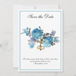 Save The Date Mariage Catholique Bleu Floral Religieux
