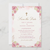 Save The Date Mariage catholique chrétien traditionnel rose (Devant)