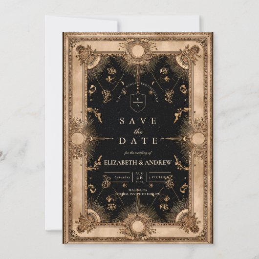 Save The Date Mariage céleste baroque noir et or (Devant)