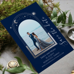 Save The Date Mariage céleste bleu mystique argent