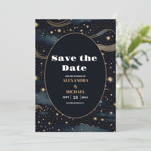Save The Date Mariage céleste de minuit bleu étoiles de lune (Debout devant)