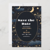 Save The Date Mariage céleste de minuit bleu étoiles de lune (Devant)