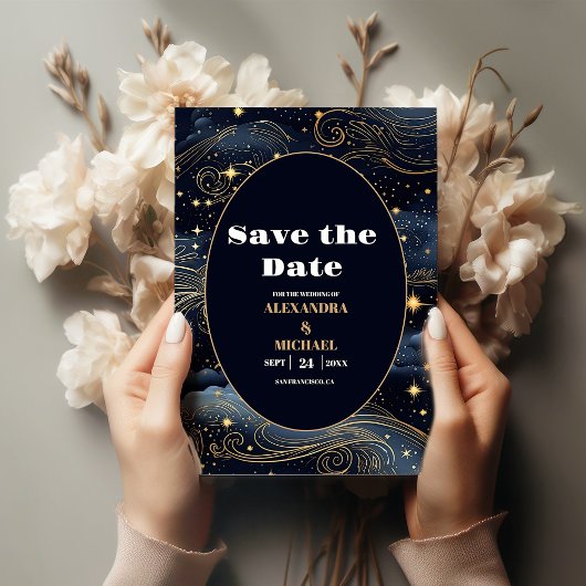 Save The Date Mariage céleste de minuit bleu étoiles de lune