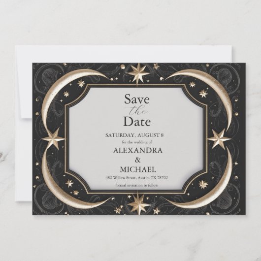 Save The Date Mariage céleste de minuit noir étoiles lune (Devant)
