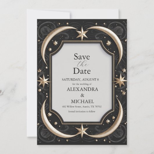 Save The Date Mariage céleste de minuit noir étoiles lune (Devant)