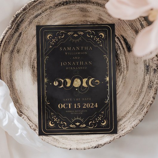 Save The Date Mariage céleste de Tarot noir et de Faux Gold