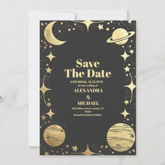 Save The Date Mariage céleste du croissant d'or noir (Devant)