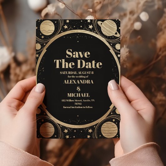 Save The Date Mariage céleste du croissant d'or noir