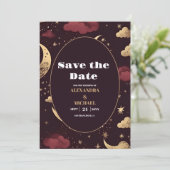 Save The Date Mariage céleste élégant bordeaux or (Debout devant)