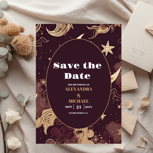 Save The Date Mariage céleste élégant bordeaux or