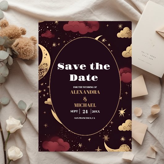 Save The Date Mariage céleste élégant bordeaux or