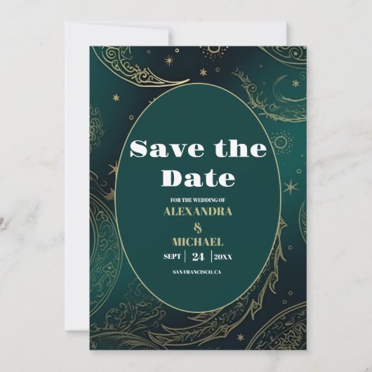 Save The Date Mariage céleste Emerald Green Gold (Devant)