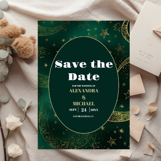 Save The Date Mariage céleste or émeraude vert